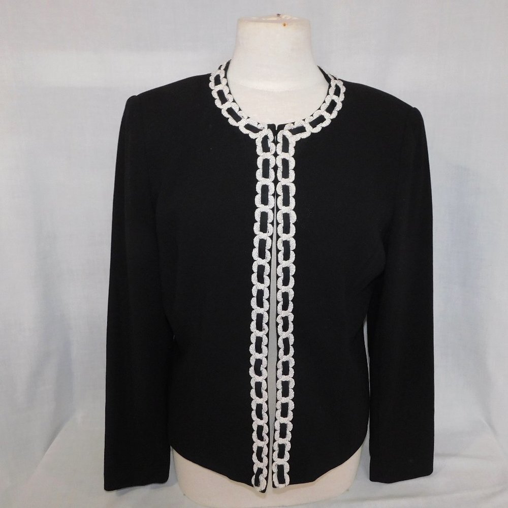 Bob Mackie Studio Black Open Lined Blazer with White braided Trim Womens 10